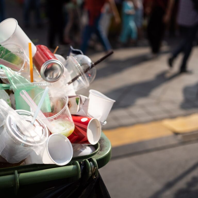 Waste container with full of single-use plastic cups