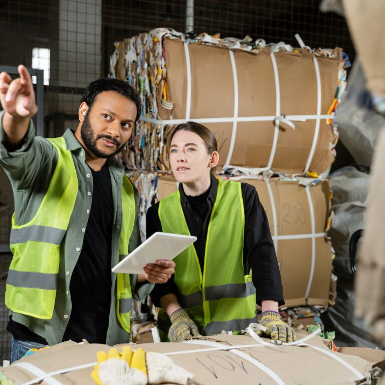 Male worker in high visibility vest pointing with finger and using digital tablet near female colleague